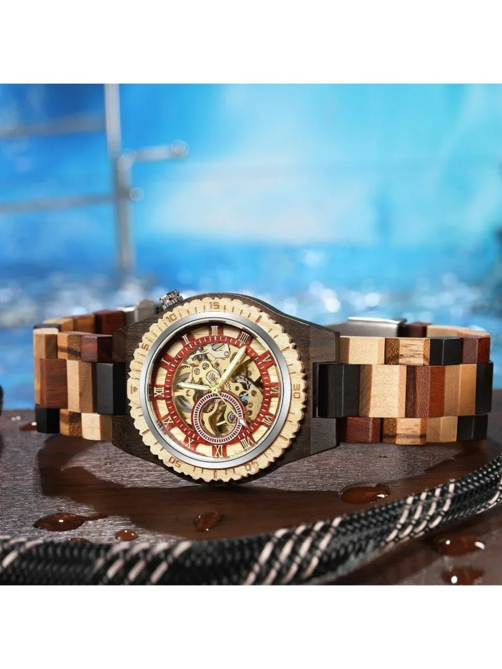 Men's Coffee Brown Analog No Battery Fashion Mechanical Movement Wooden Watch